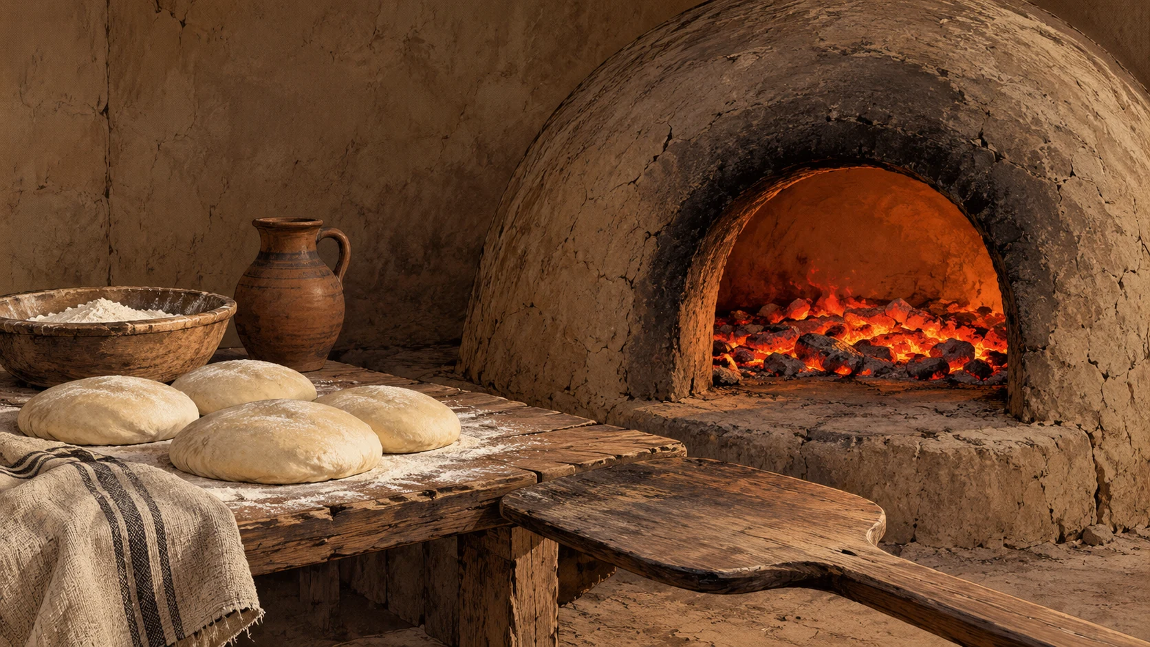 Object-only close period earthen bread oven with coals glowing under kneaded dough on adjacent board, inside a plain empty domestic bakery; background bare earthen wall. No people, idols, shrine, worship, temples or sexual scene.