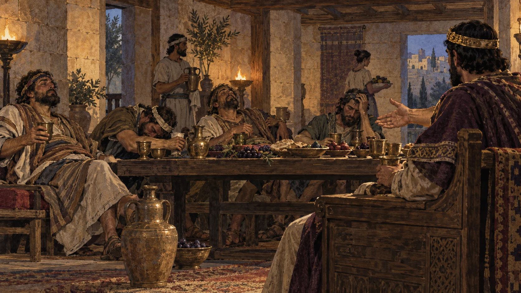 Anonymous adult courtiers slump over wine cups in a period hall while seated unidentifiable king extends a hand, no captions or named monarch, sober rather than comic drunkenness.