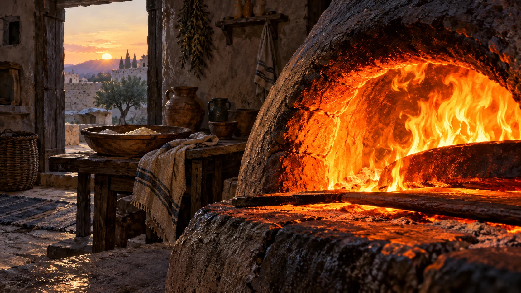 Extreme close blazing earthen oven at dawn, untouched kneading bowl in darker distance, distinct interior-angle fiery composition, no victims or divine form.