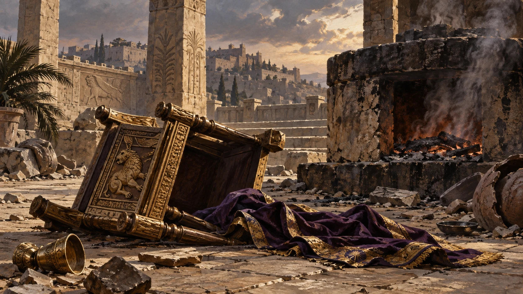 Empty overturned royal seat beside a smoldering oven in symbolic ruined court, unlettered discarded royal cloth, no king body or specific coup staged.