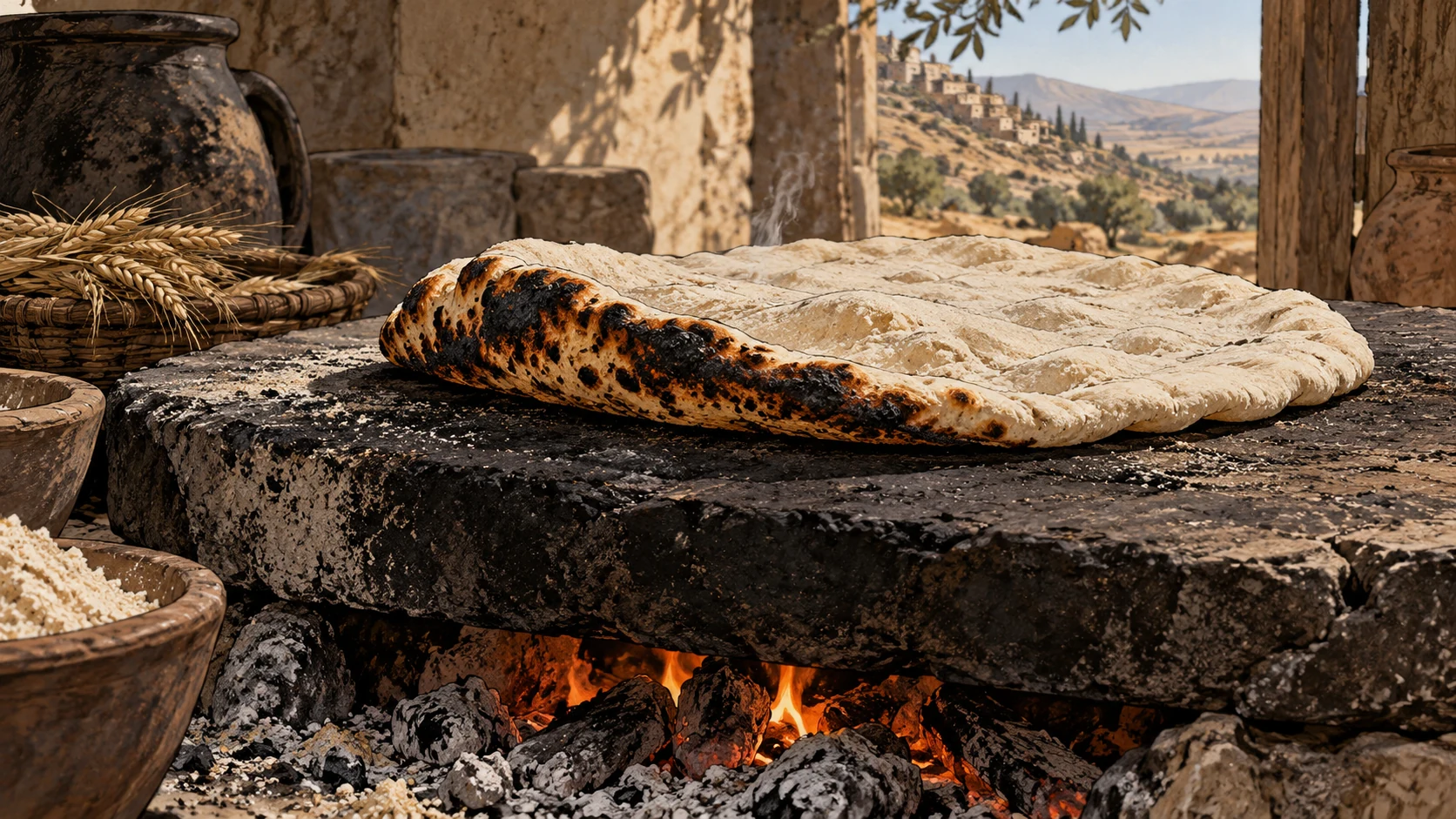 Macro single ancient flatbread on hot stone, visibly charred underside edge and raw pale upper dough, no lettering, hearth ash, explicit metaphor rather than a person named Ephraim.