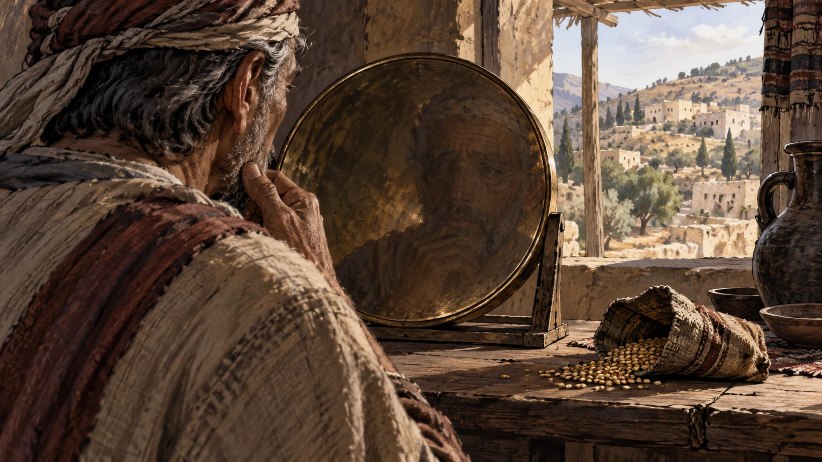 Anonymous aging adult reflected dimly in polished bronze, scattered gray hair visible at temples and depleted grain pouch beside mirror, thoughtful image, not Hosea face or literal nation portrait.
