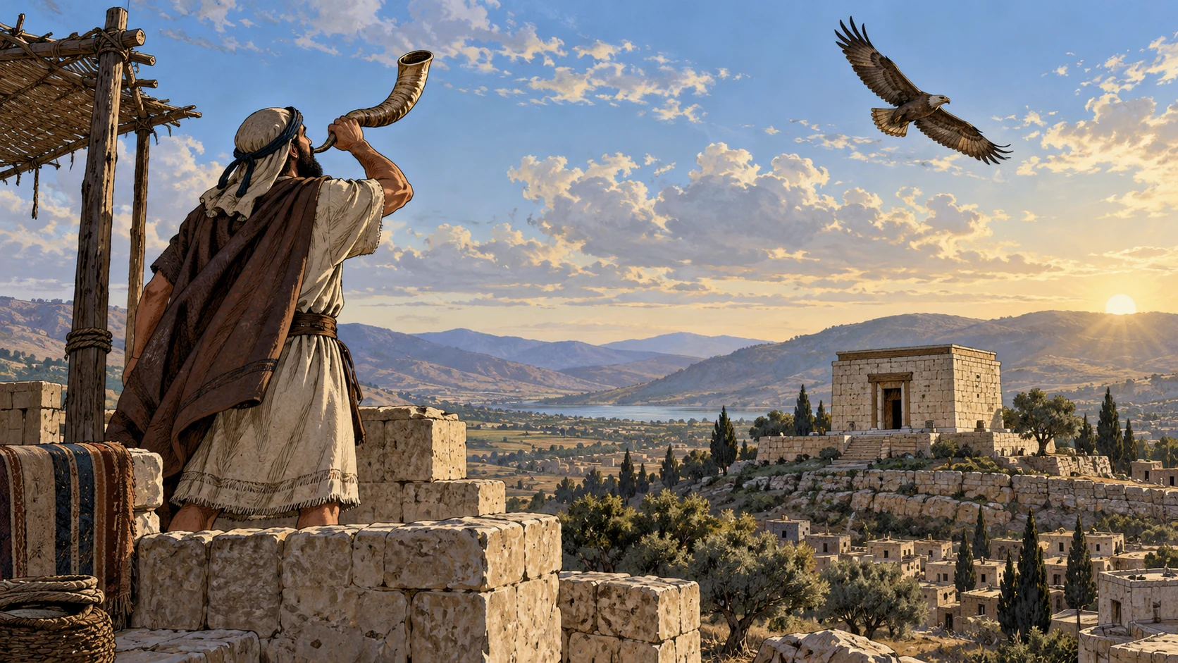Anonymous period lookout raises ram horn trumpet on roof while natural eagle circles above distant modest rectangular limestone sanctuary with plain timber doorway and flat roof, no columns or pediment. Wide sky composition, no monstrous bird or divine anatomy.