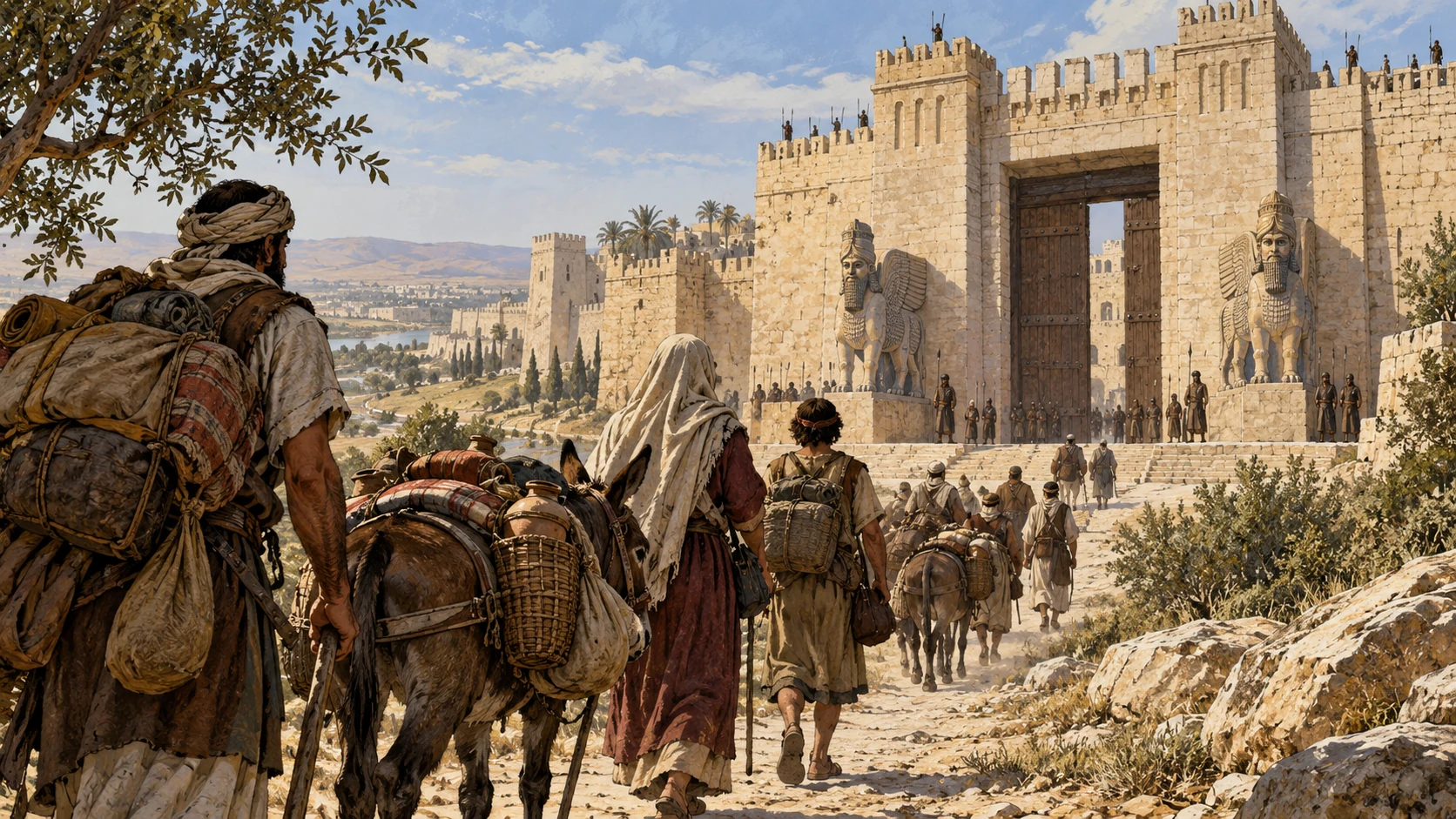 Anonymous travelers with overloaded packs approaching imposing distant Assyrian gate, high perspective, no named ruler, chains or slave market.