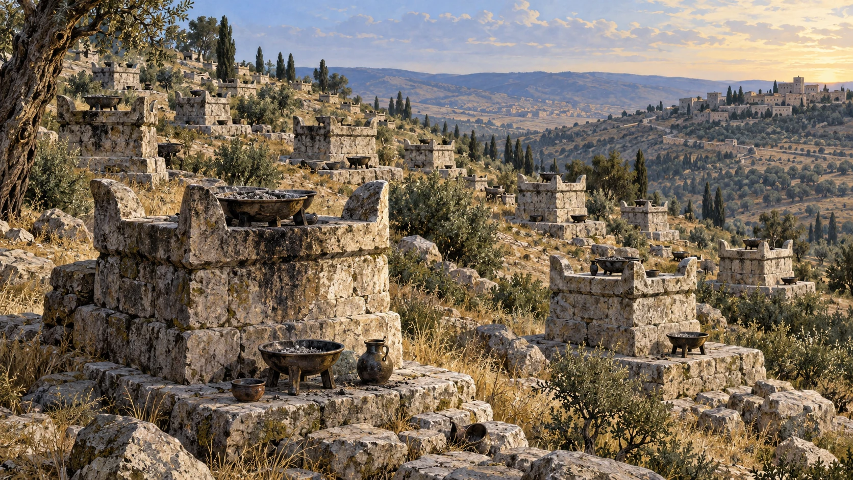 Wide hillside densely dotted with modest stone pagan altars and extinguished incense bowls, no sacrifice performed, distinct repeating architecture not montage.