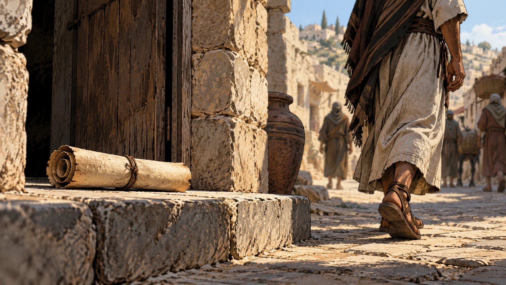 Close unlettered rolled parchment left unused on a stone threshold while anonymous passerby steps past without looking, no legible invented Scripture.