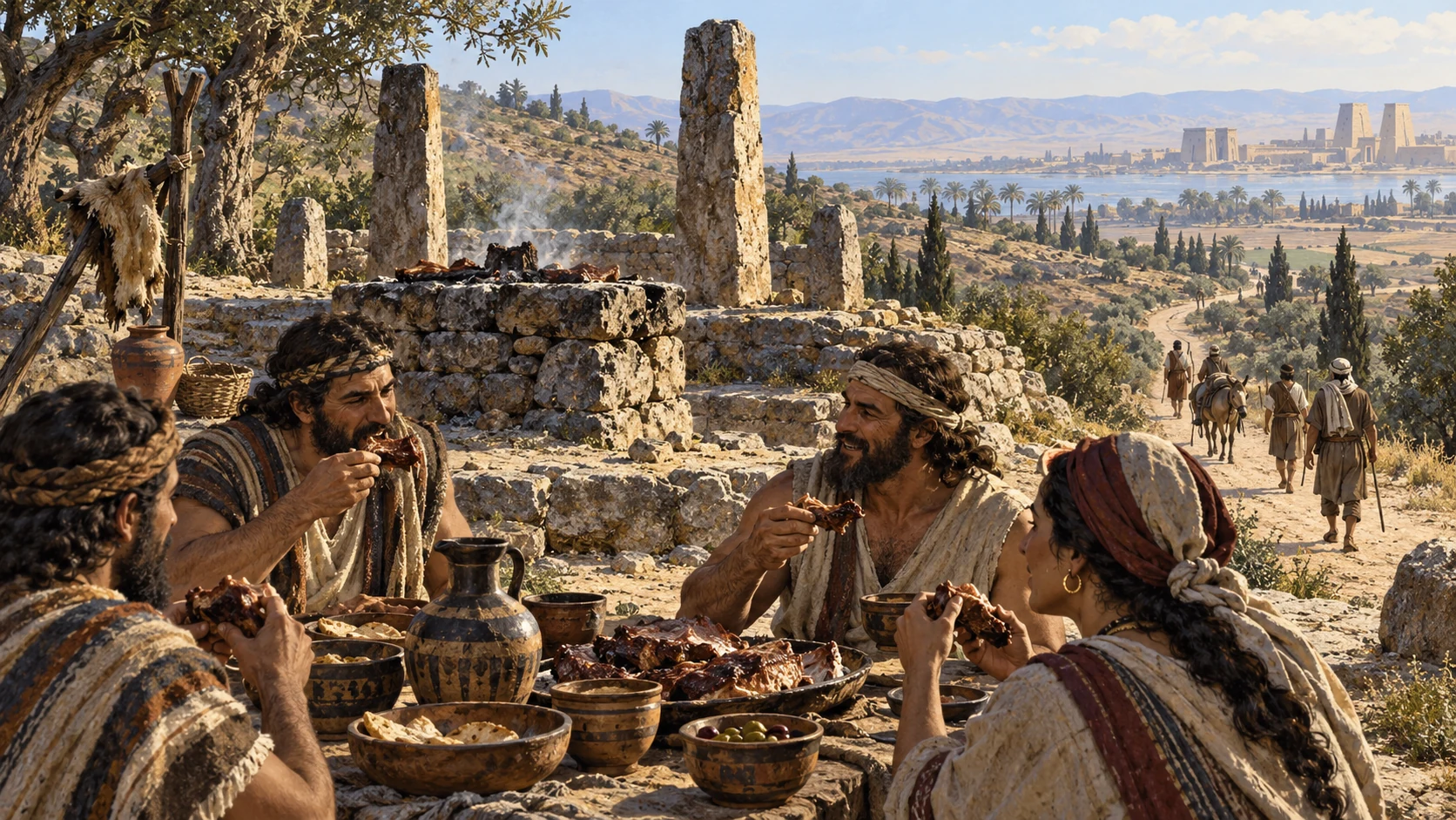 Anonymous adults eat sacrificial meat at foreground edge of empty hill shrine, a travel path recedes toward Egyptian-style distant terrain; no deity rejecting food in person.
