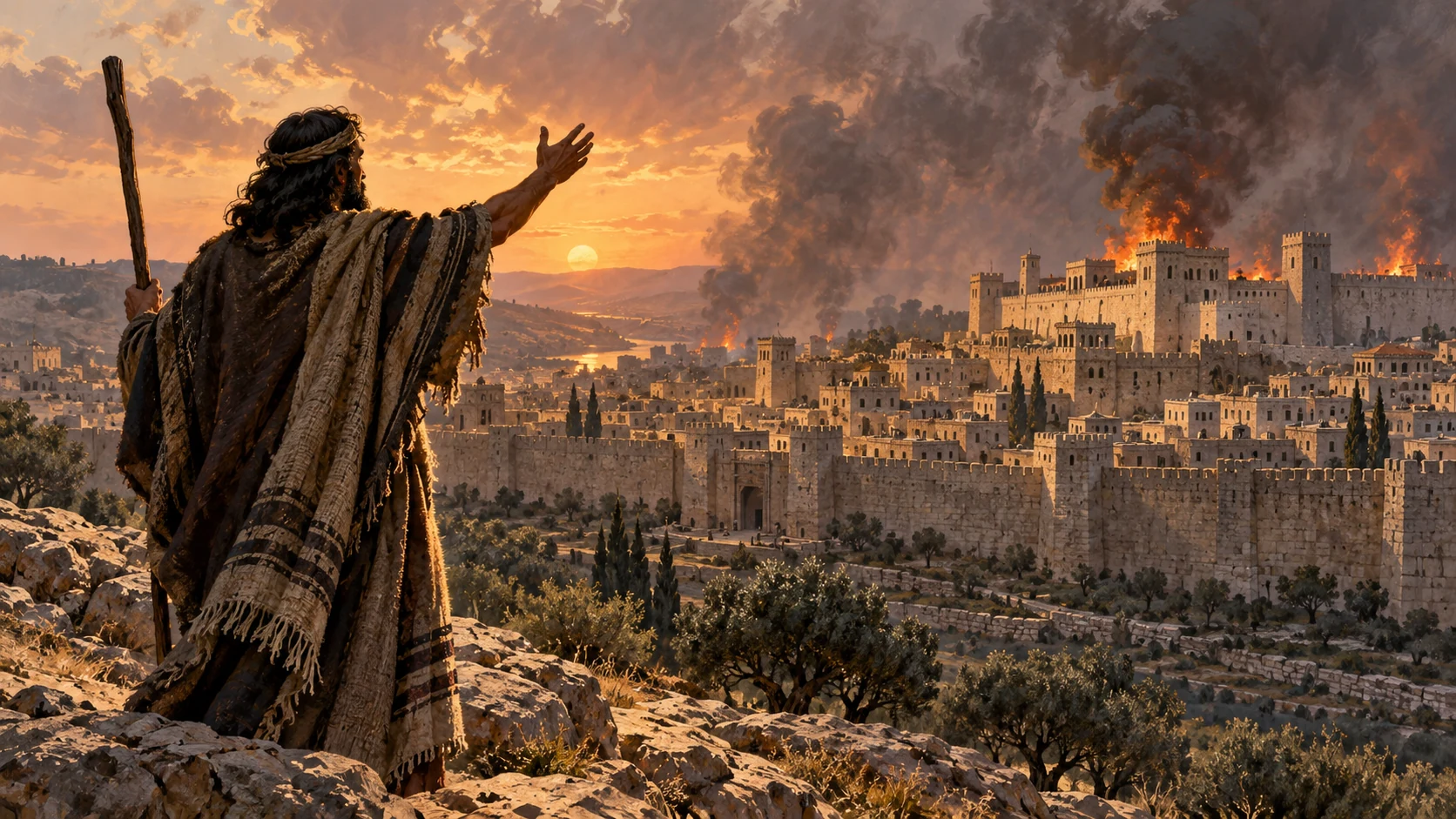 Prophetic wide city silhouette, palaces and fortress walls under smoke with small controlled roof fires, no people injured or specific historical city reconstruction.