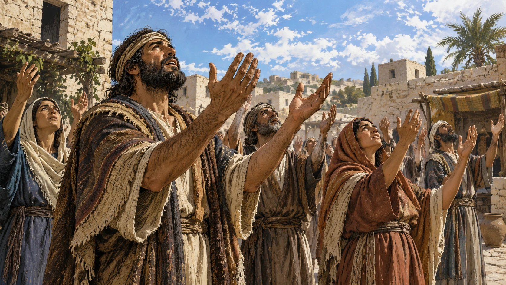 Anonymous adults gathered in an empty northern town courtyard lift open hands toward open sky, sober faces. There is no recipient within the picture: no seated king, throne, ruler, God portrait, humanoid deity, generated words or invented named participants.