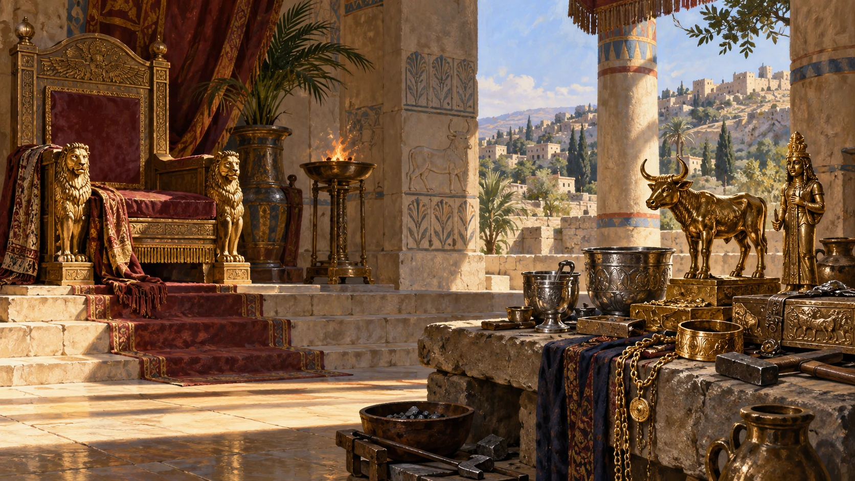 Unoccupied royal seat juxtaposed with craftsman’s silver and gold idol objects on nearby stone bench, no king names or illegible writings.