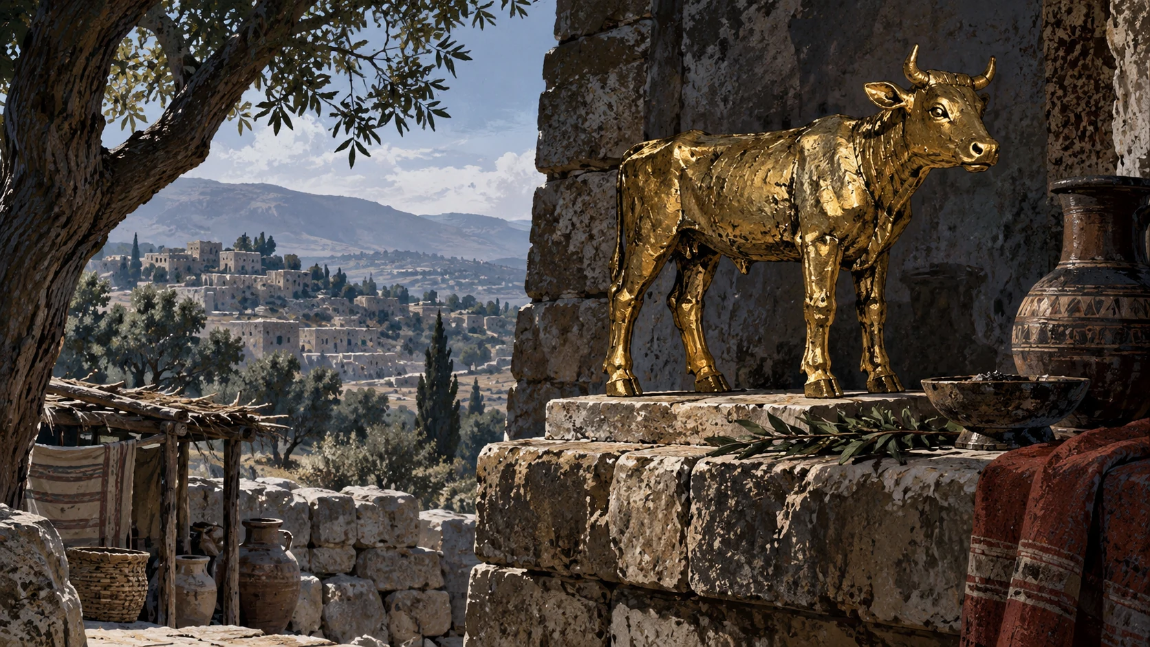 Small handmade gilded calf idol on a stone shelf with cold light revealing rough seams, no worshiper kissing, no actual living calf as God.
