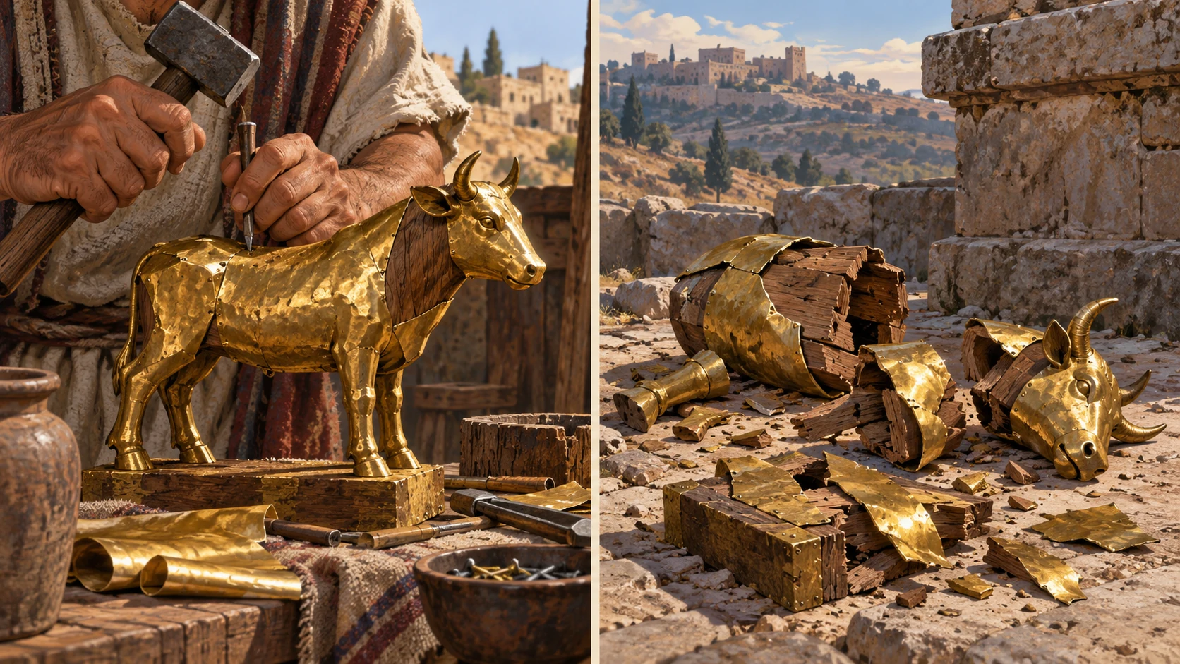 Two ordered object views within one 16:9 diptych: left anonymous hands work small calf carving with period tools; right same idol broken into visible wooden fragments with thin metal cladding, no miraculous blast.