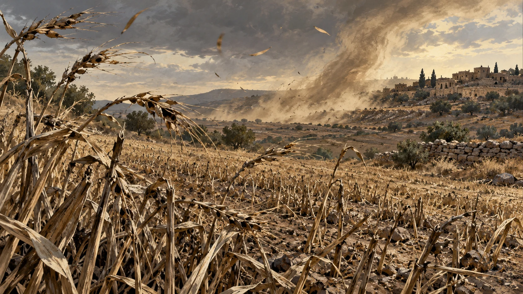 Wide wind-torn barren grain field, empty seed heads foreground, twisting dusty wind beyond, no bodies swept away or fantastical storm face.