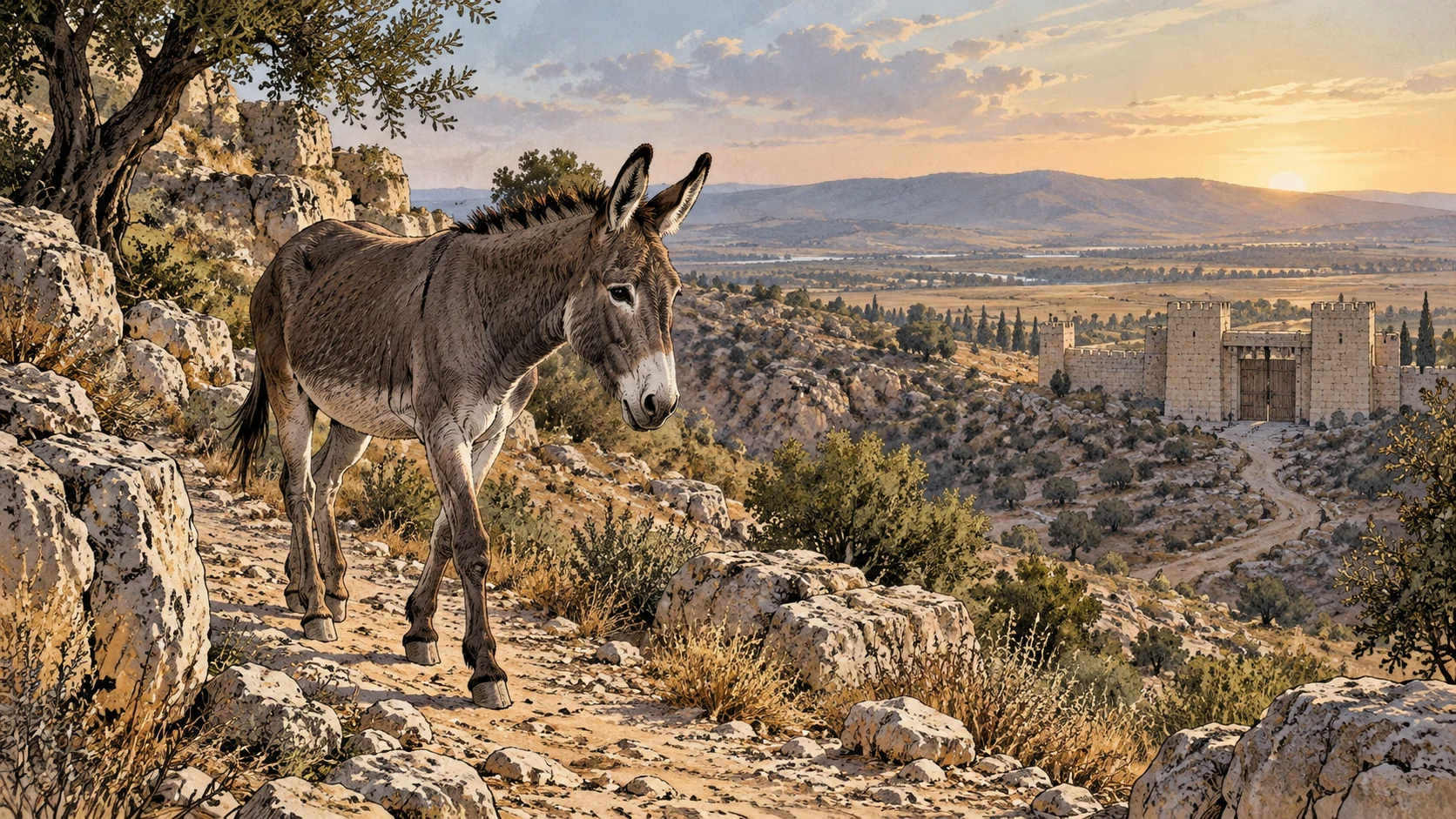 Natural wild donkey alone on a rocky eastern track, tiny distant Assyrian gate, wilderness wide shot, no saddle or national label.