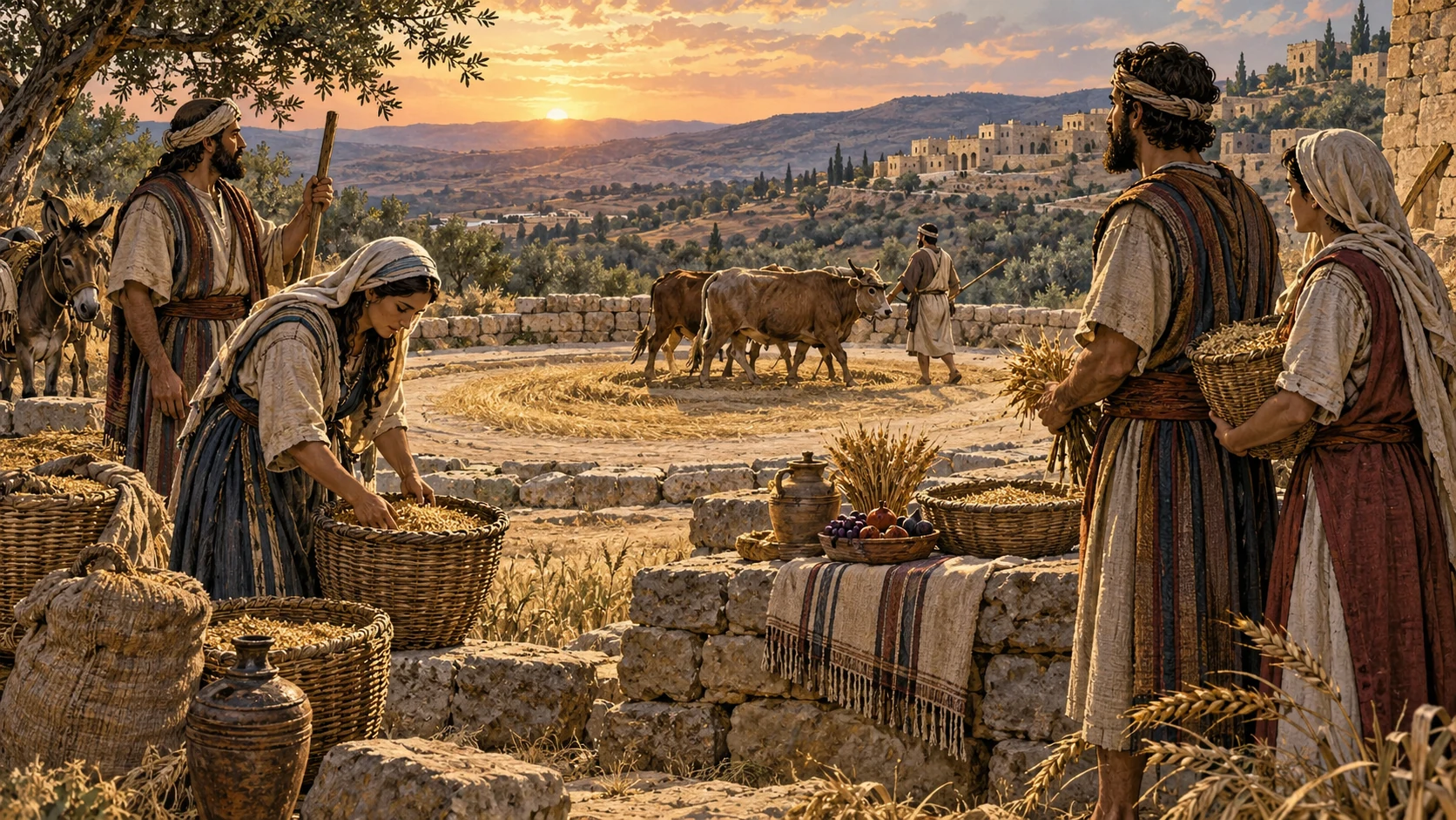 Anonymous fully clothed harvest adults pause beside an ancient threshing floor, offerings and grain baskets visible, restrained faces, no sex or invented celebratory dialogue.