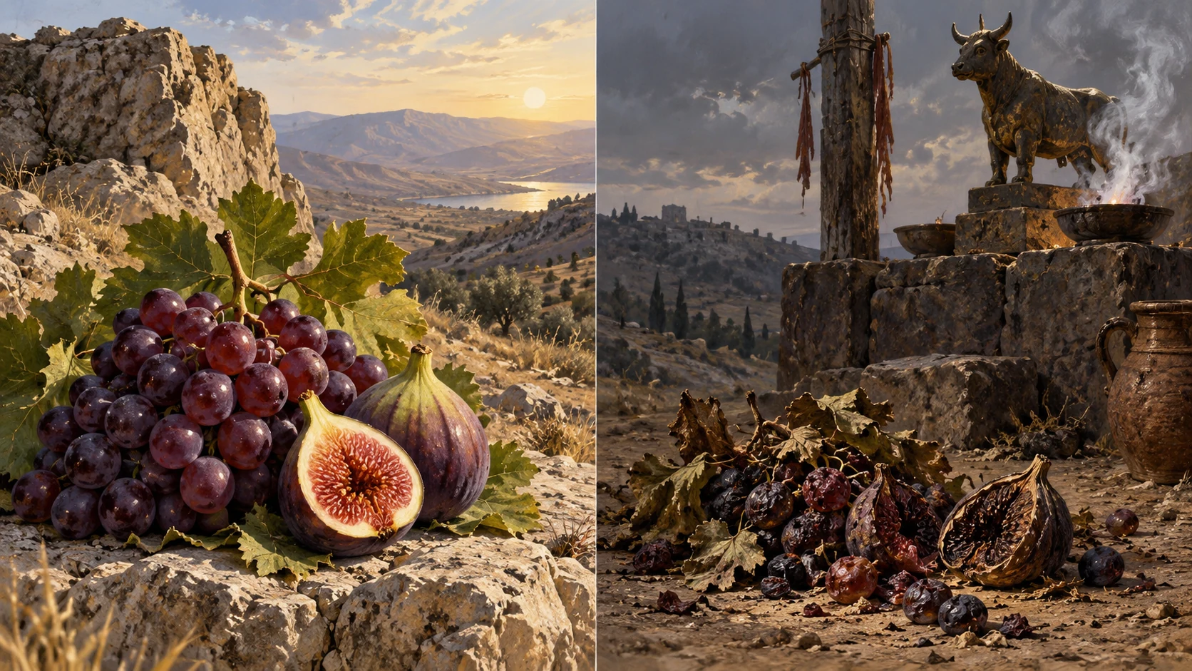 Ordered object diptych: left ripe grapes and first fig in a stark wilderness setting; right same fruit neglected beside small unlettered pagan shrine with incense. No identified ancestral worshiper.