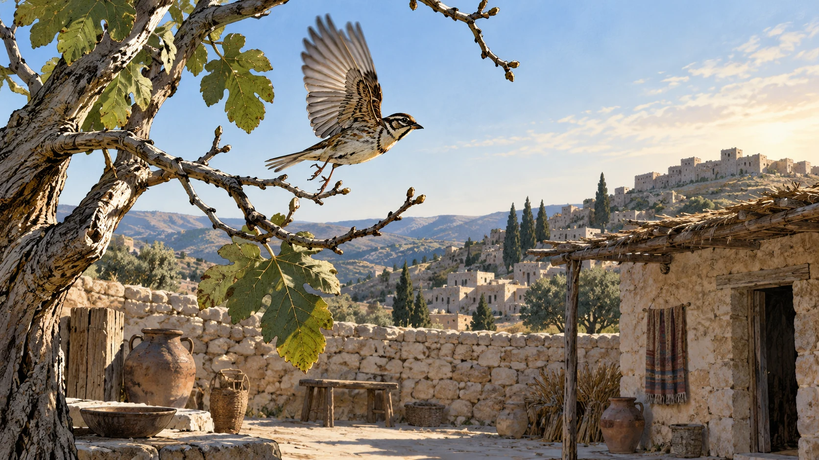 Natural small bird leaving a bare fig branch over empty quiet family courtyard, no infant body or pregnancy depiction, subdued open sky.