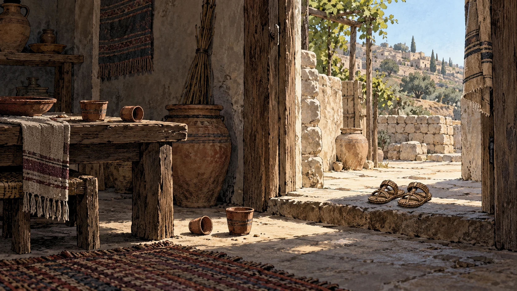 Empty household with abandoned small clay cups and unused child-sized woven sandals at threshold, no harmed child, no parent staged as known historical mourner.