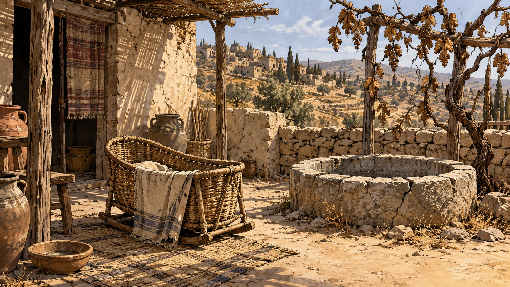 Parched household courtyard, dry water basin and barren vine beside an empty woven cradle, no miscarriage, anatomy, grieving mother portrait or visible God.
