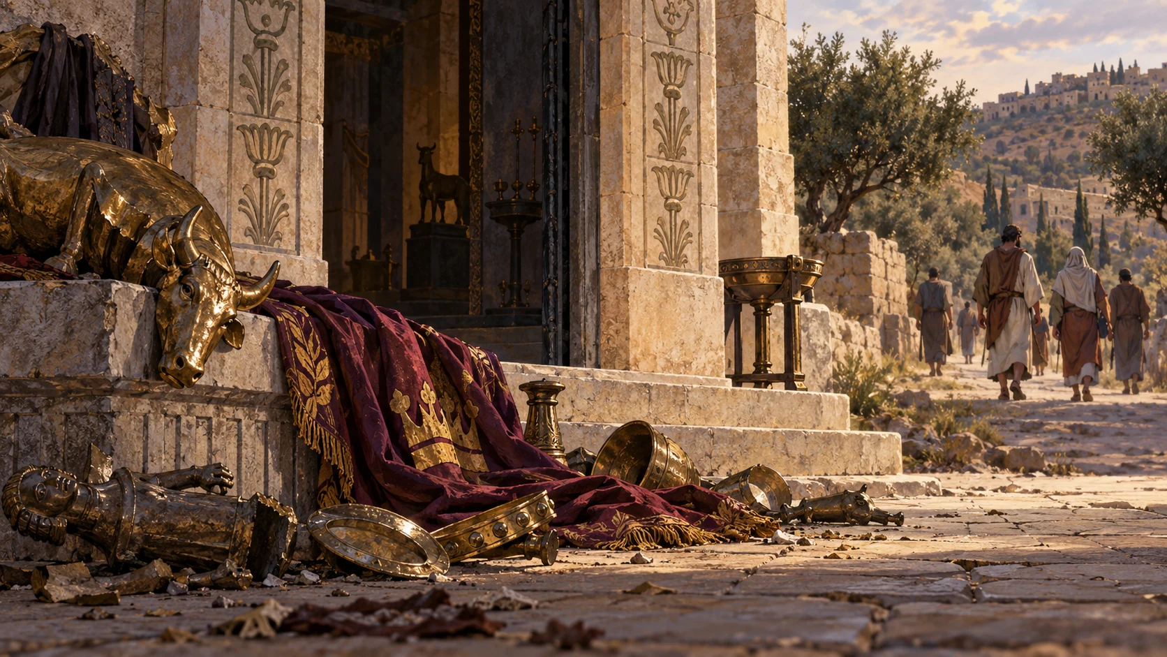 Vacant sanctuary gate with discarded royal insignia cloth and scattered unlettered idol objects, anonymous distant adults leave along path, no personal eviction of Gomer.