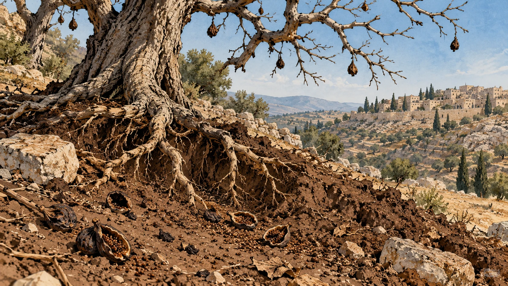 Close dead fig-tree root exposed in dry earth beneath barren branches, dropped seed husks, no dead newborns, explicit botanical analogy.