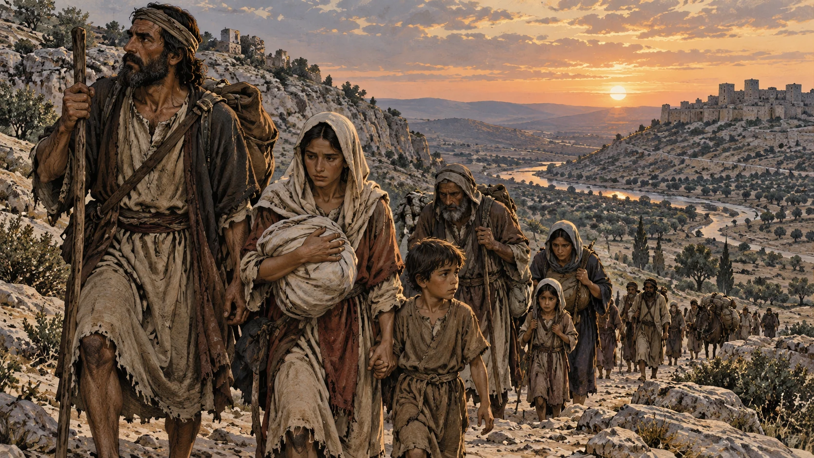 Distant anonymous travelers cross broad unfamiliar rocky landscape with bundles, weary but dignified, no ethnic caricature or asserted specific exile destination.