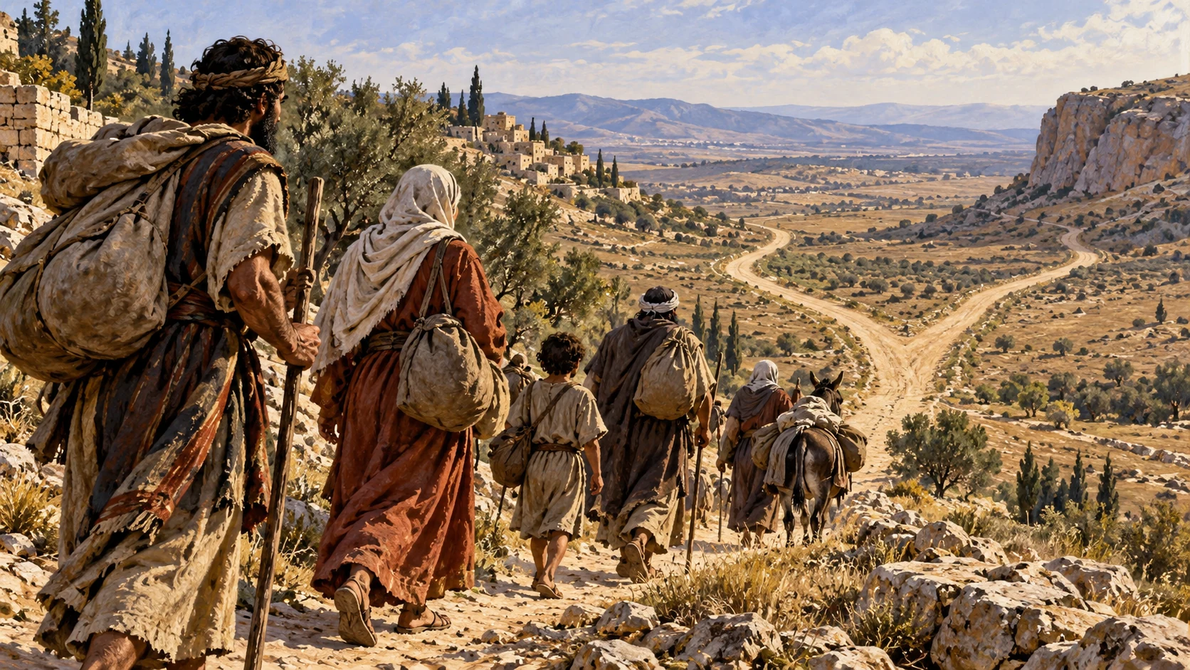 Anonymous travelers with plain bundles walk from northern hills toward two distant branching desert roads; no specific deportation officers or unsupported family names.