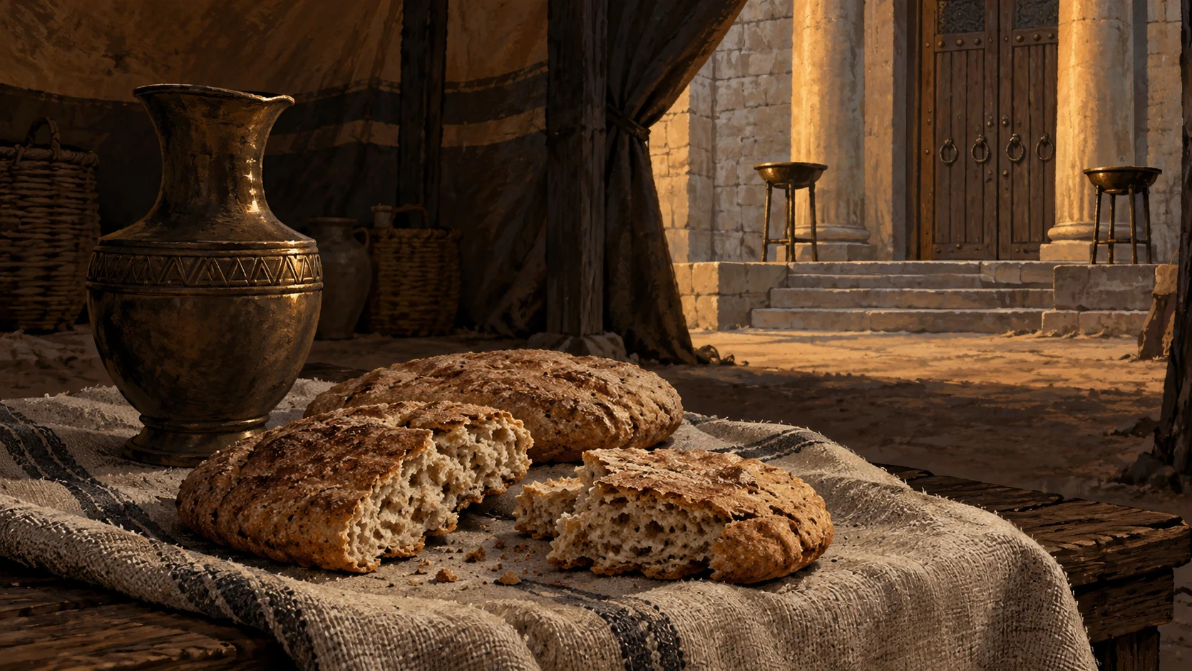 Close rough bread portions on plain cloth in a dim temporary dwelling, unused wine offering vessel beside closed sanctuary threshold in distance, no funeral named.