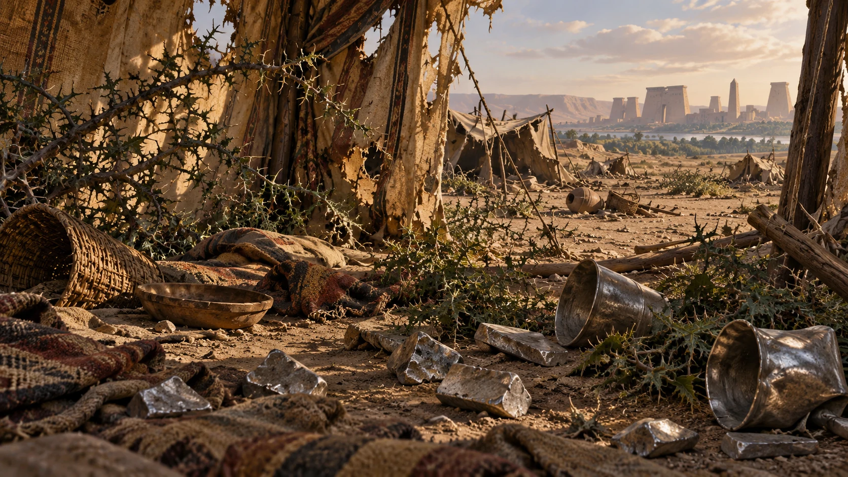 Wide abandoned tent site with thorn branches entering cloth openings, nettles beside scattered tarnished silver pieces, Memphis-like distant desert monuments only subtle background, no bodies.
