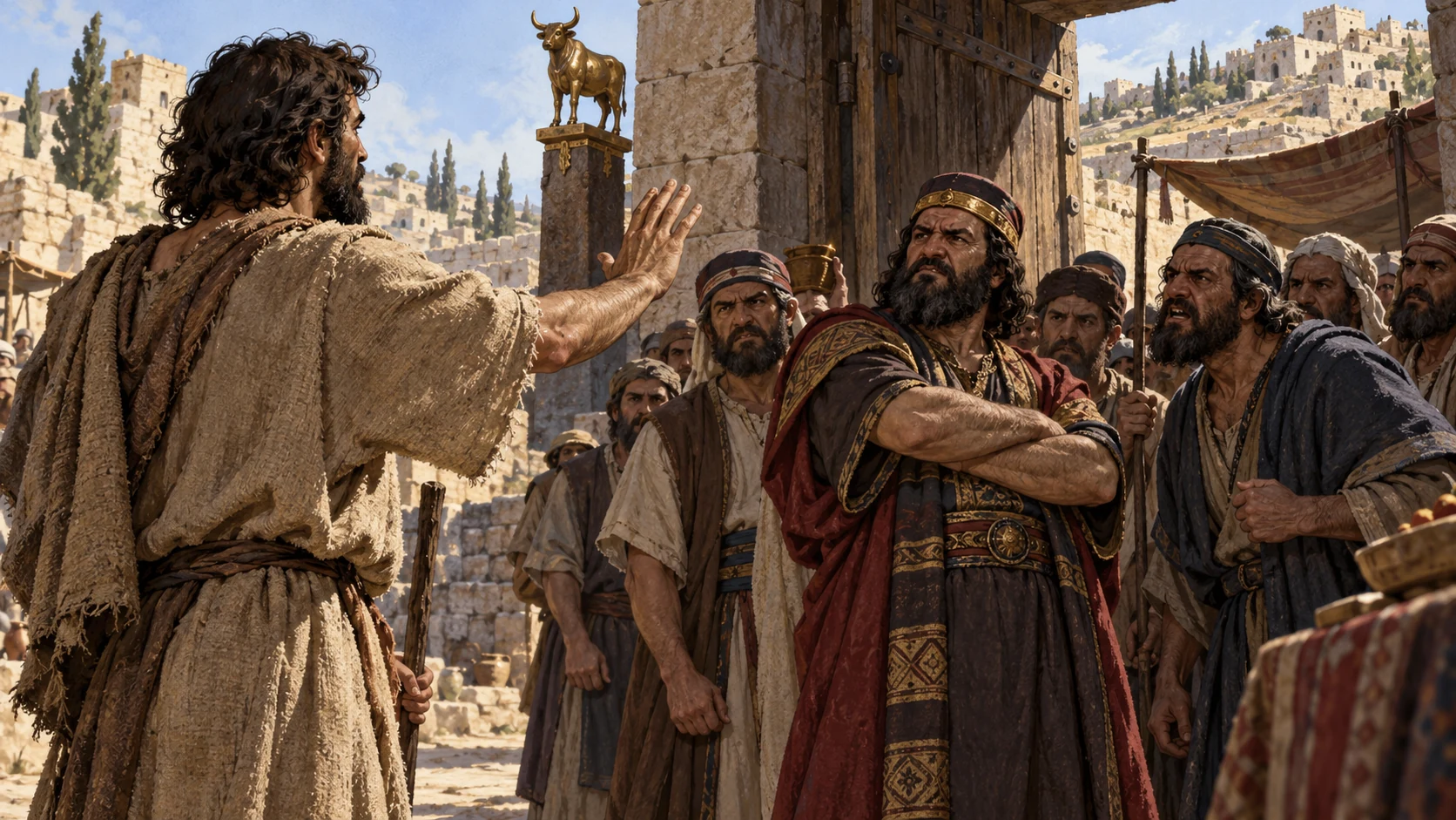 Anonymous unrecognized prophet stands alone at edge of a hostile-looking adult crowd in northern gate, raised defensive open hand, no Hosea likeness or physical attack.