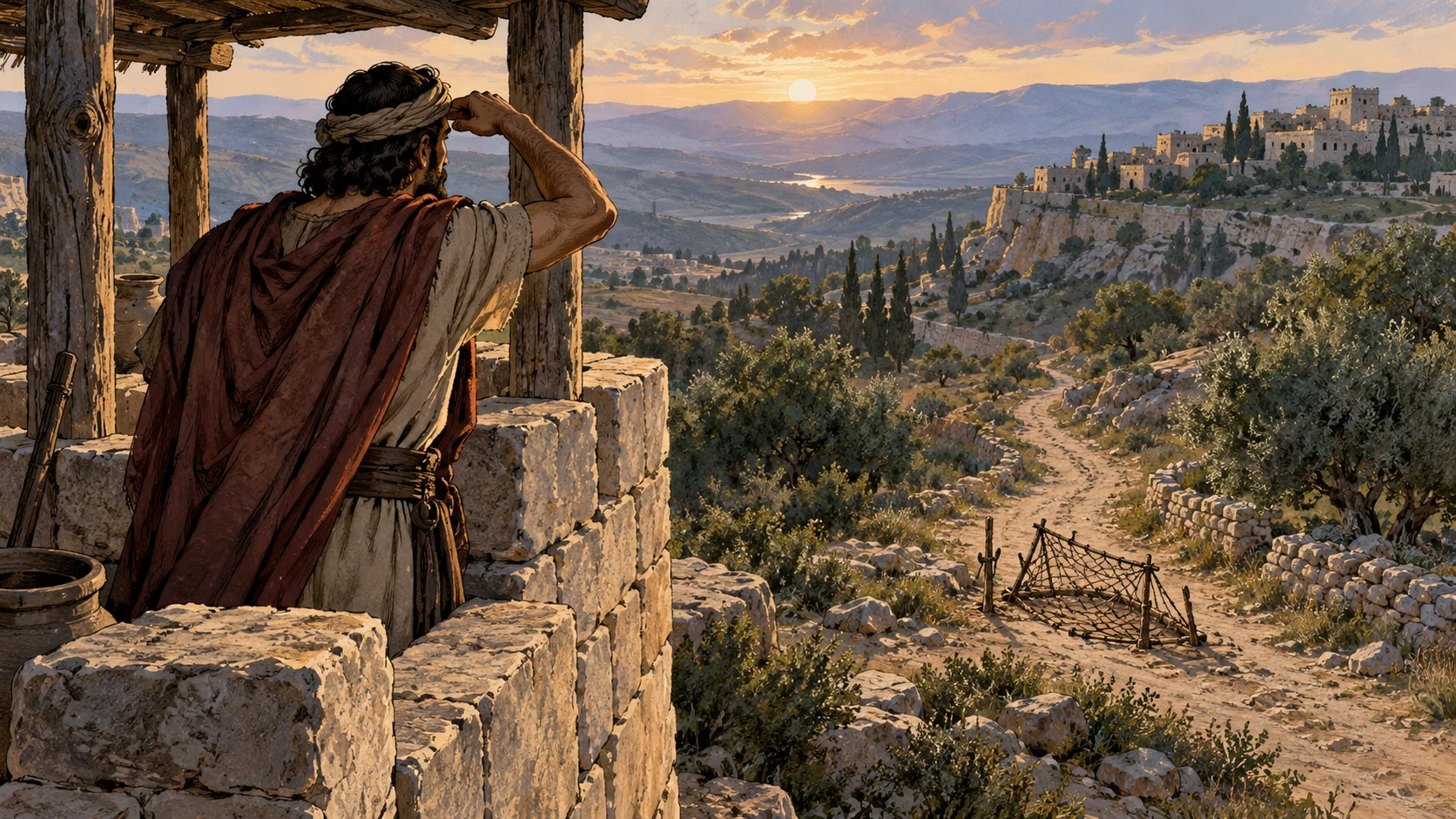 High ancient watchtower with anonymous watcher, empty fowler trap on the path below, no imprisoned prophet; metaphor illustration keeps no single imposed interpretation of difficult wording.