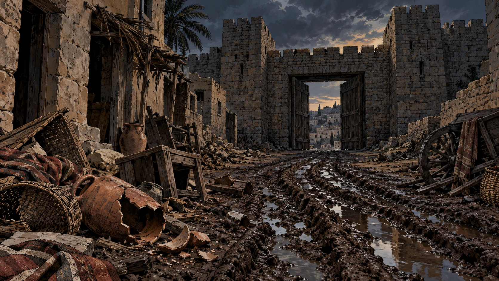 Dark old town gate with deep muddy tracks and discarded broken household objects, no reenactment of assault or historical victims.